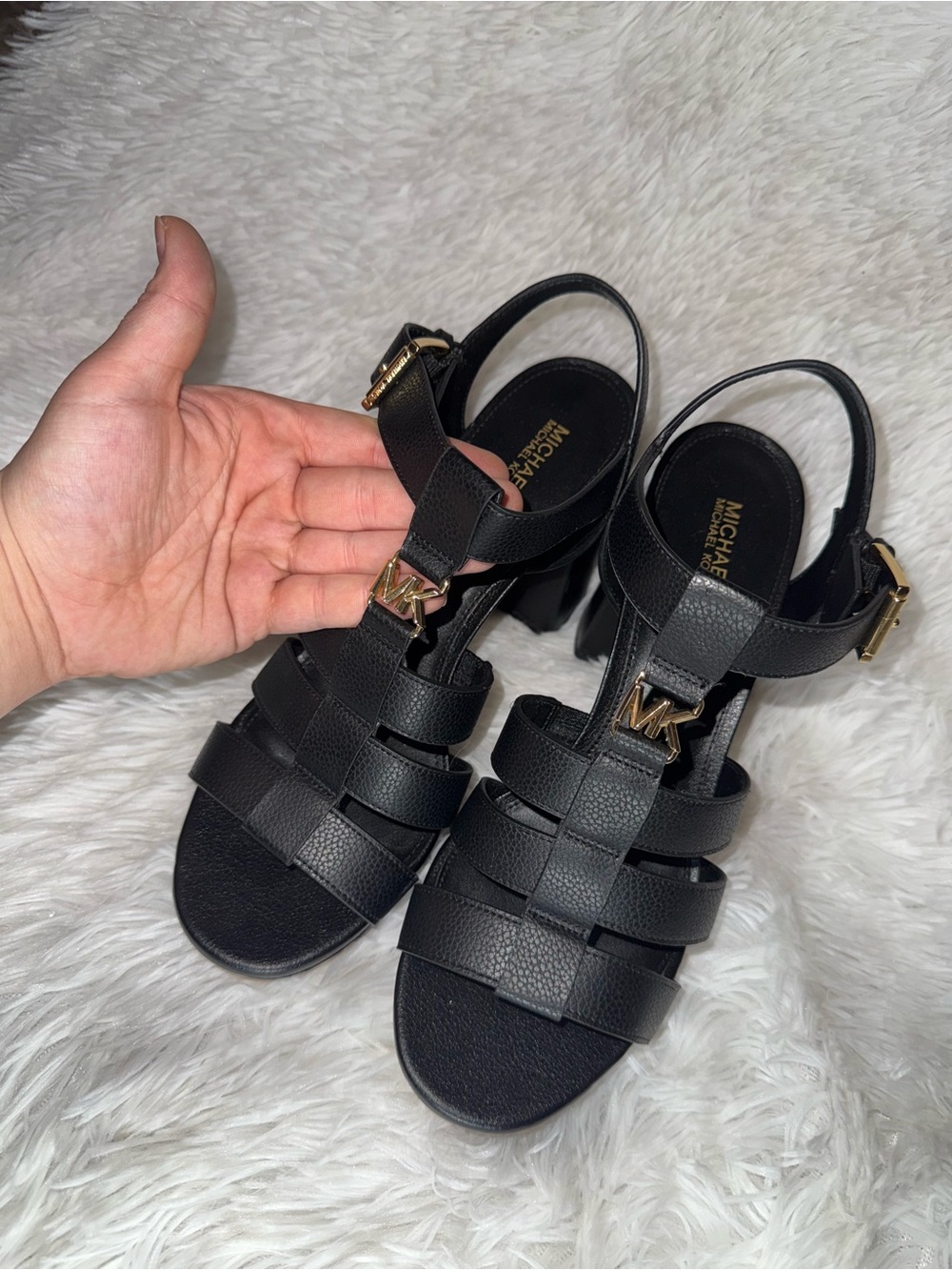 Michael Kors Black Leather Multi-Strap Logo Heels - Picture 2 of 6